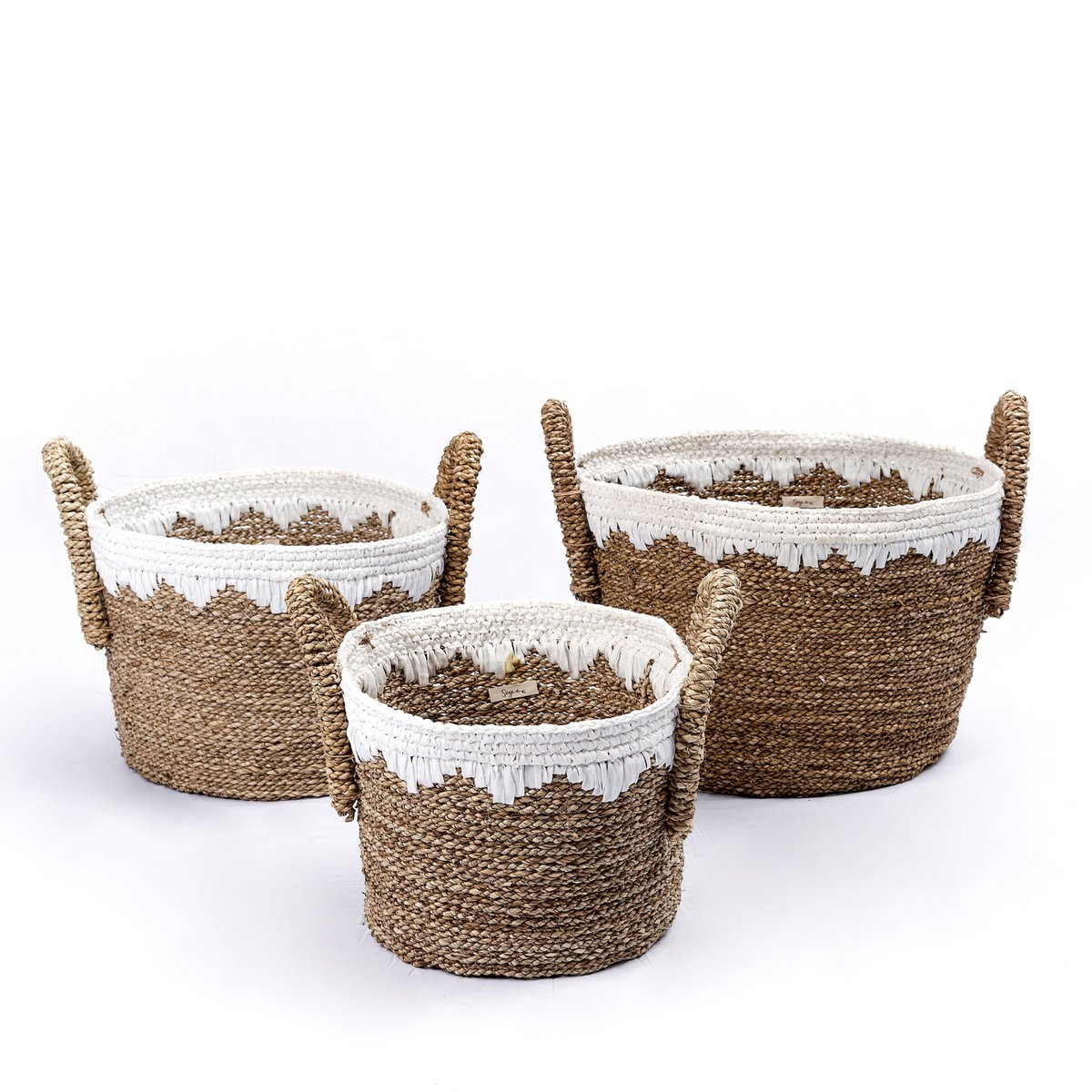Ronde manden van zeegras met witte katoenen koorden WAIGEO (3 maten) Decoratieve was- of opbergmand Soeji