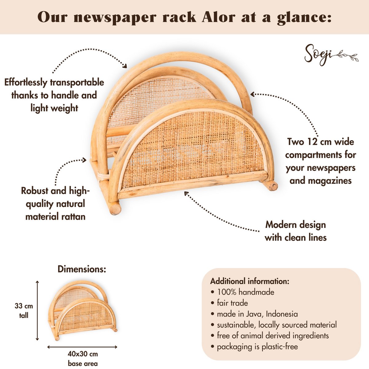 Rotan Krantenrek – Tijdschriftenhouder – Boho Krantenmand – Handgemaakte Rotan Krantenhouder ALOR Soeji