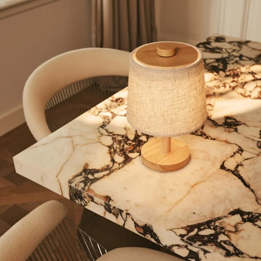 Rover Lichtbruine Houten Oplaadbare Lamp | Snoerloos, dimbaar met stoffen kap Tavellio - Amsterdam