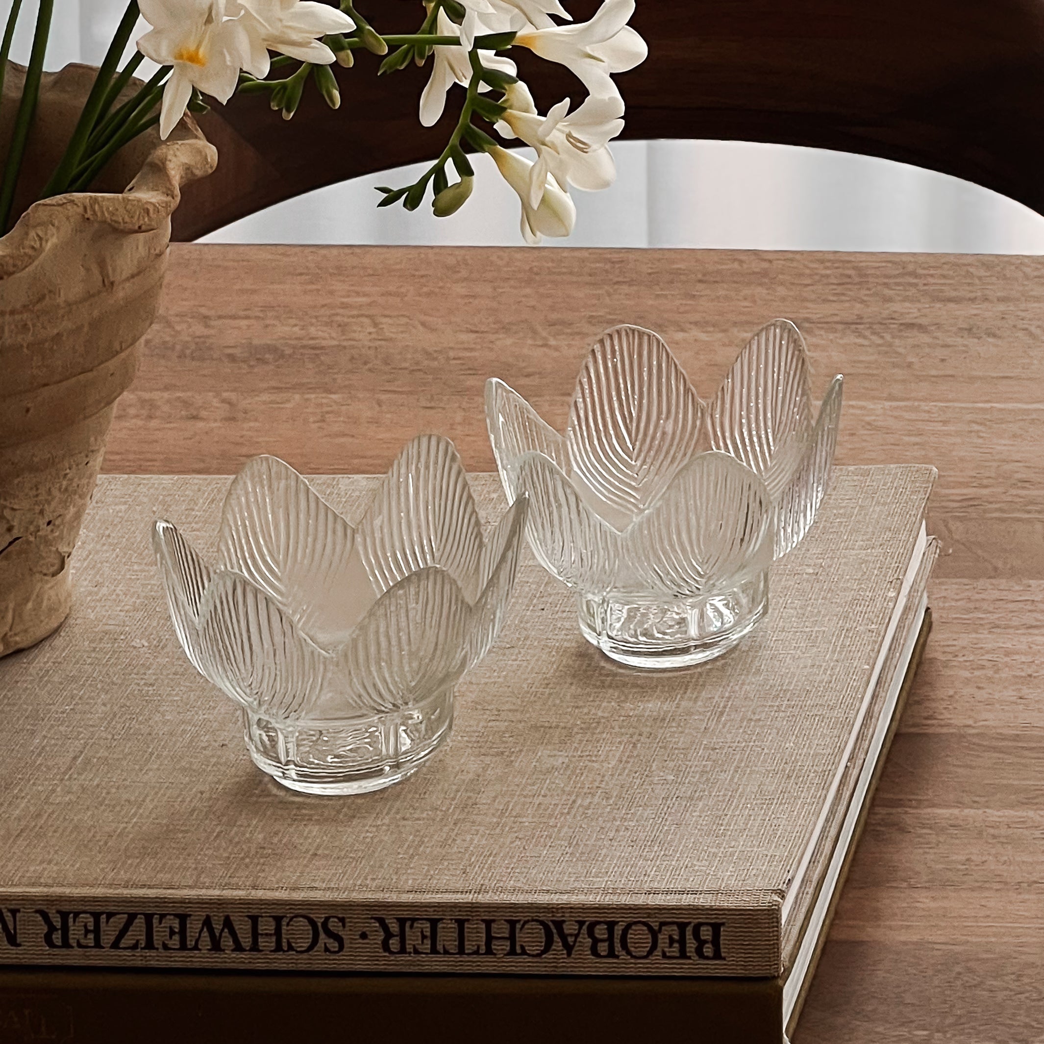 set van 2 glazen lotus waxinelichthouders – transparant – vintage Noii HOME