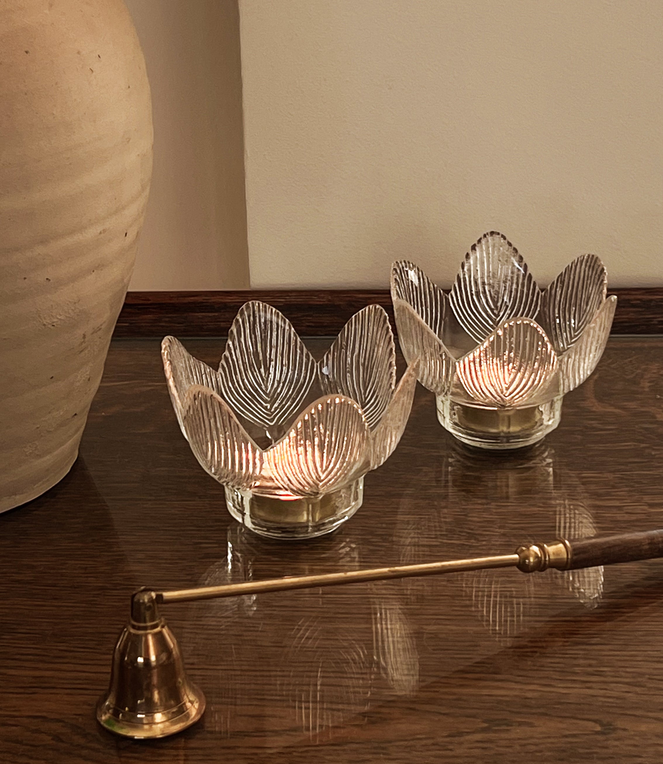 set van 2 glazen lotus waxinelichthouders – transparant – vintage Noii HOME