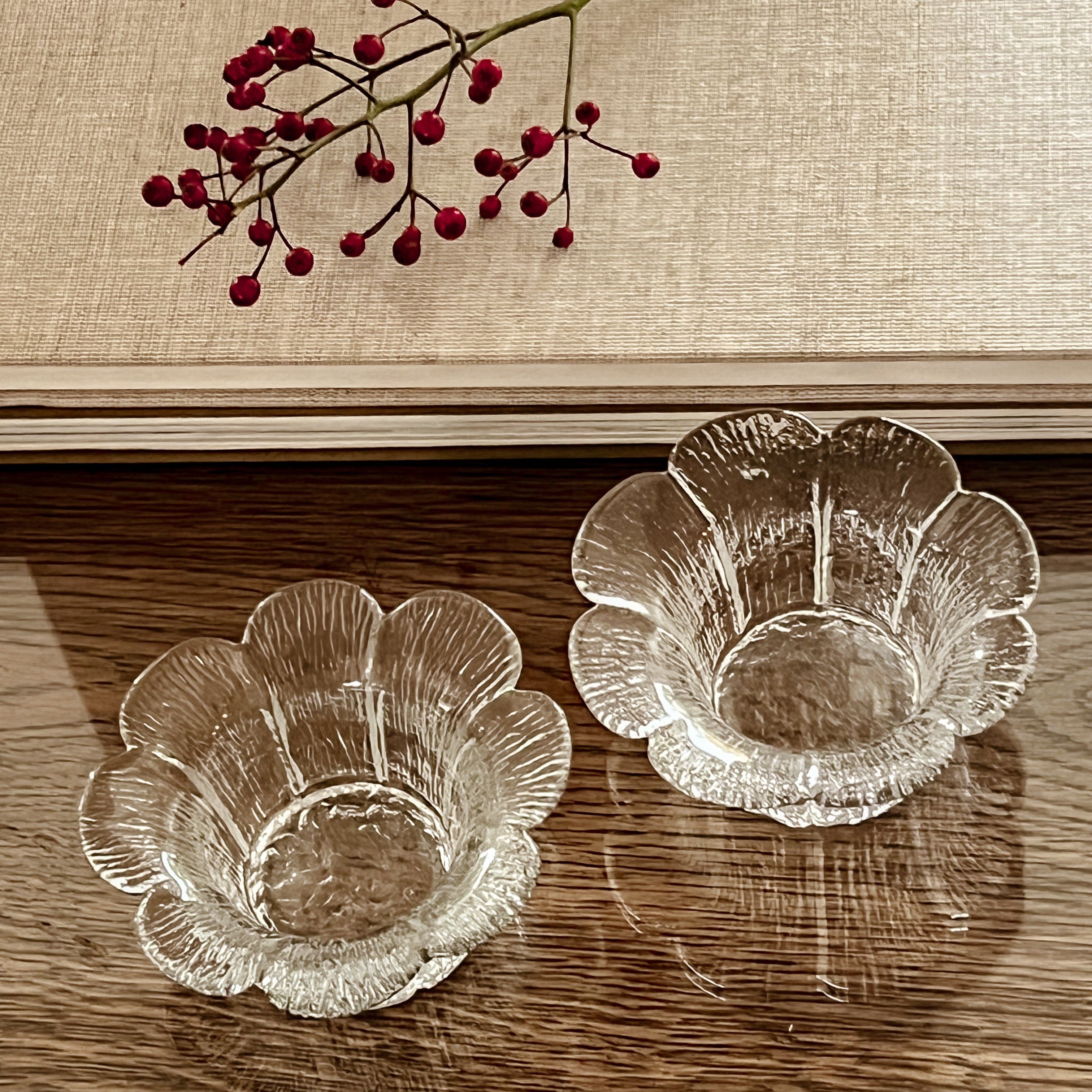 set van 2 glazen waxinelichthouders – terälehti – mäntsälän lasisepät – pre-loved Noii HOME