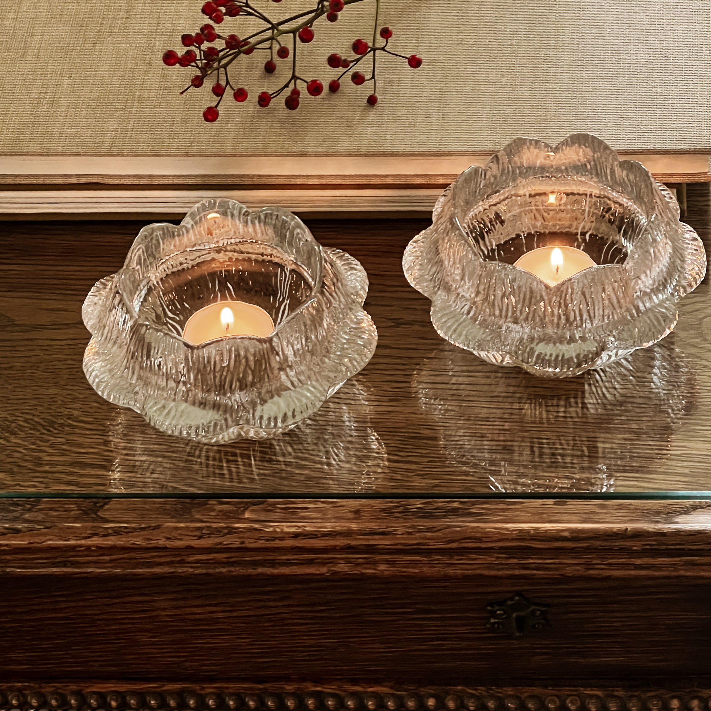 set van 2 vintage glazen kaarsenhouders – lotus duo – holmegaard – sidse werner Noii HOME