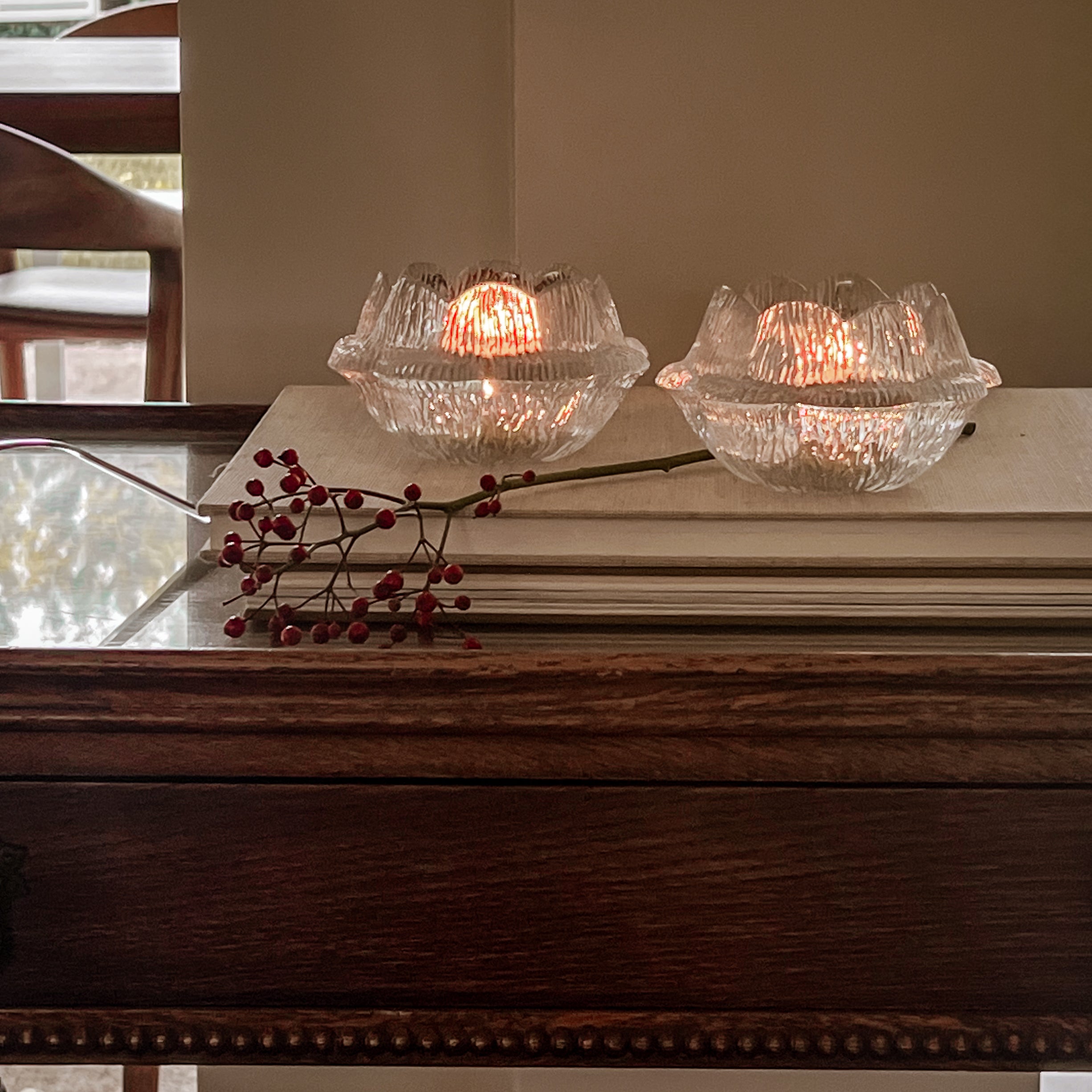 set van 2 vintage glazen kaarsenhouders – lotus duo – holmegaard – sidse werner Noii HOME