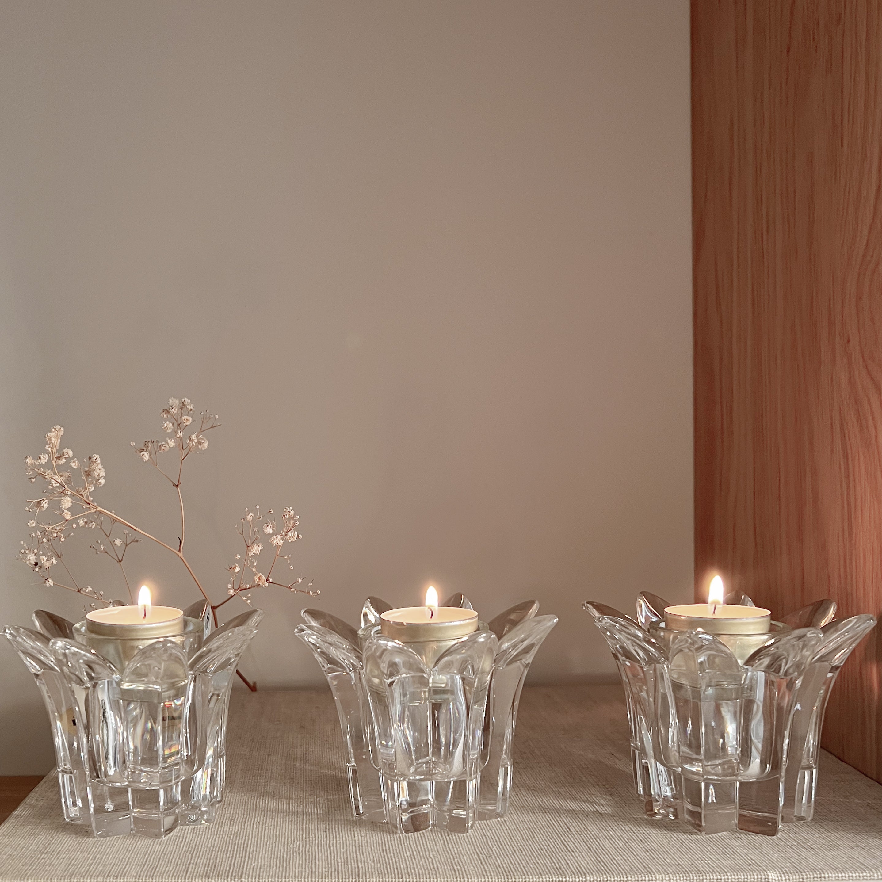 set van drie vintage kristallen waxinelichthouders - bloemvorm Noii HOME