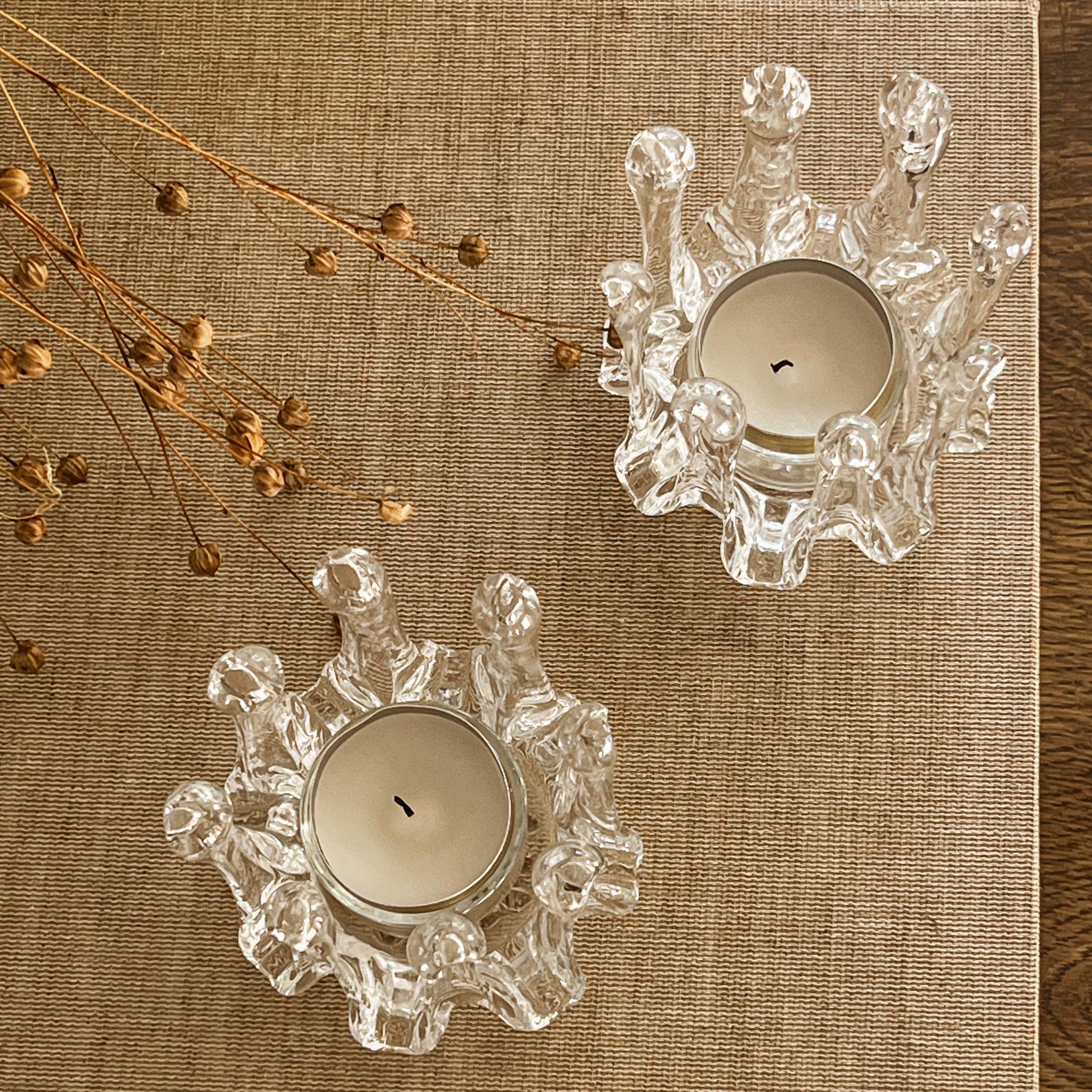 vintage set glazen Zweedse waxinelichthouders – ice drip design - Gränna Glasbruk Noii HOME