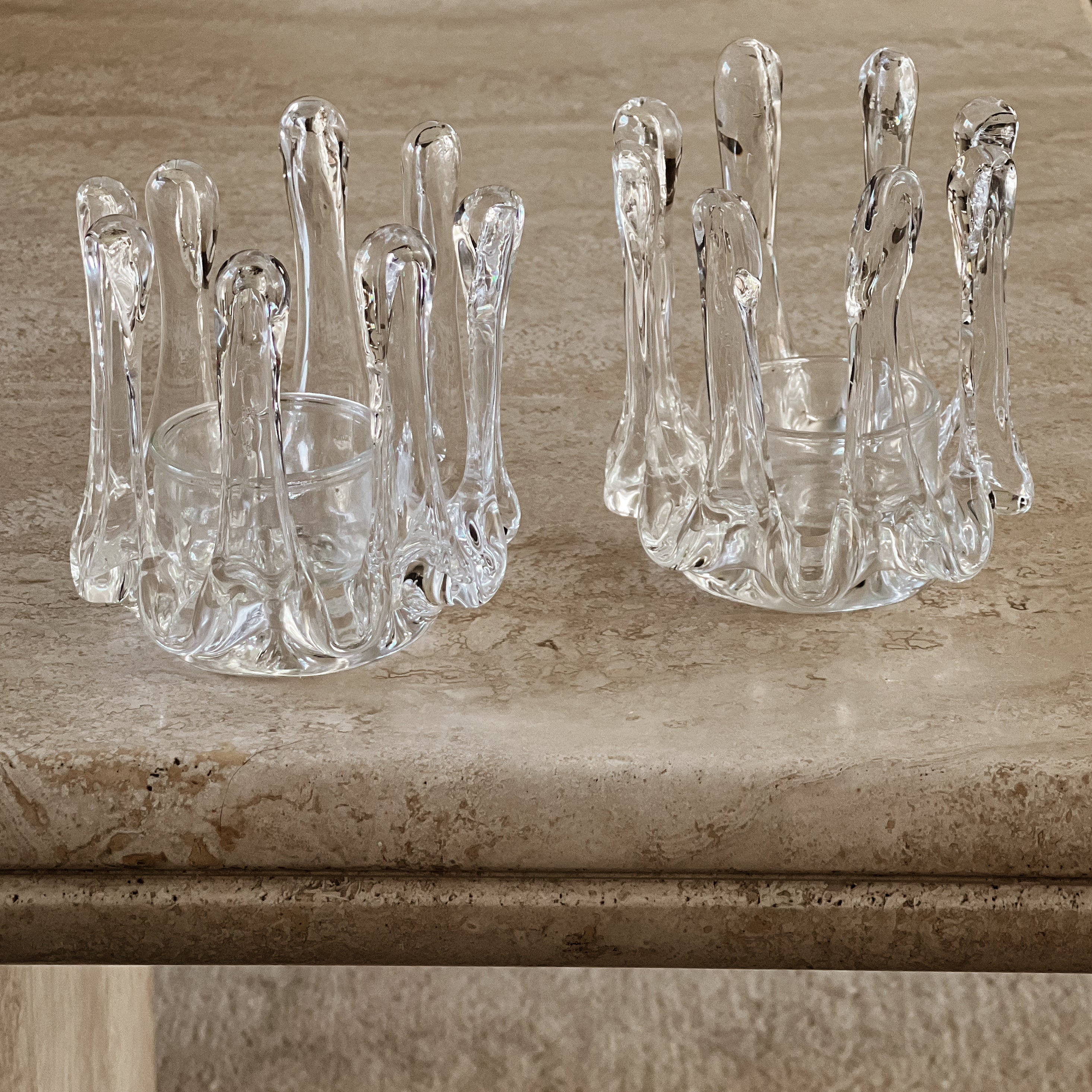 vintage set glazen Zweedse waxinelichthouders – ice drip design - Gränna Glasbruk Noii HOME