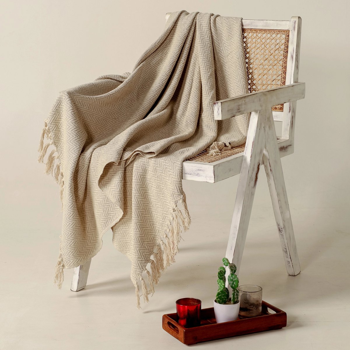 Warm Beige Plaid / Sofa Throw – Soft with Fringes – 130x150 cm – Urbane Hide Urbane Hide